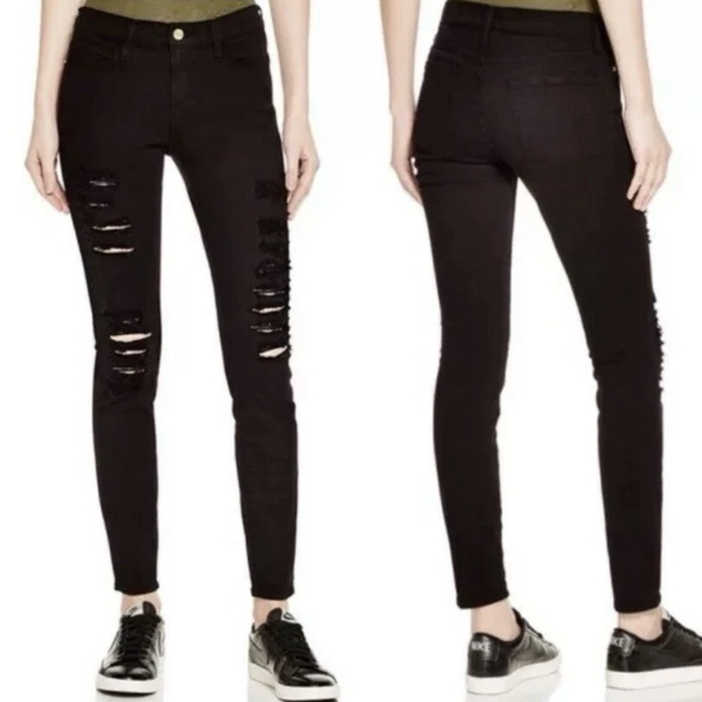 FRAME Women's Le Skinny de Jeanne Distressed Jeans COLR403 Film Noir Black 29